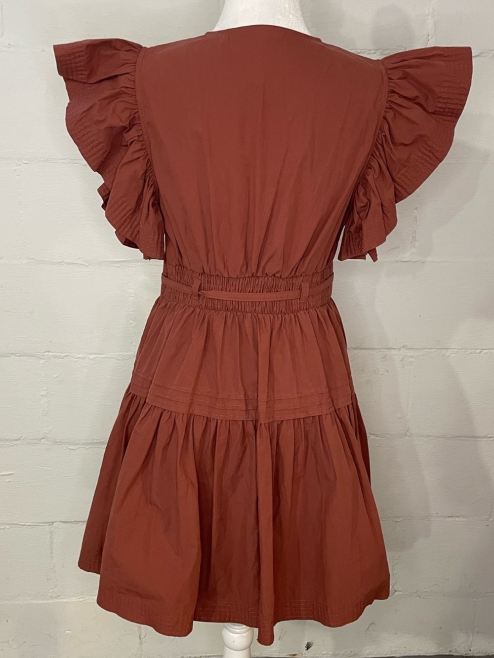 Rust Tie-Waist Mini Dress with Flutter Sleeves - Picture 2 of 4